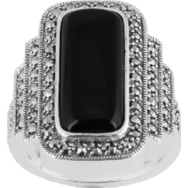 Sterling Silver Art Deco Rectangle Onyz Marcasite Ring image
